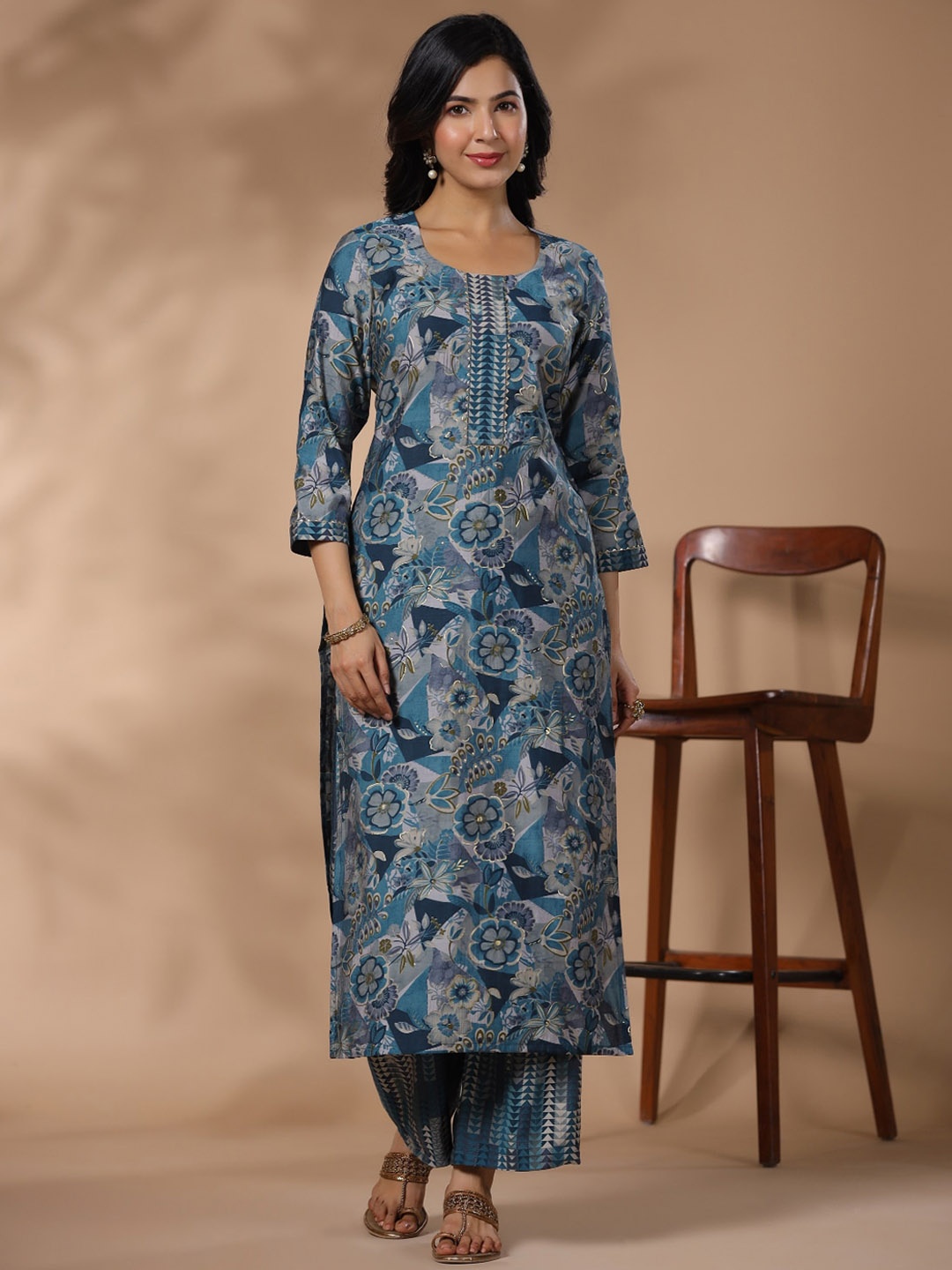 

KALINI Floral Printed Straight Kurta with Palazzo, Blue