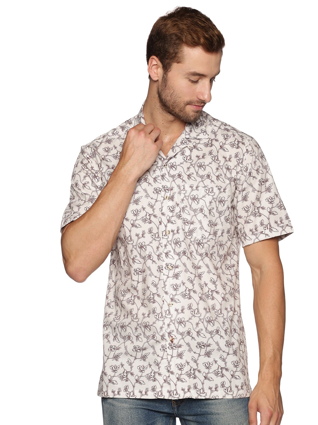 

DON VINO Comfort Cuban Collar Floral Opaque Printed Cotton Casual Shirt, Cream