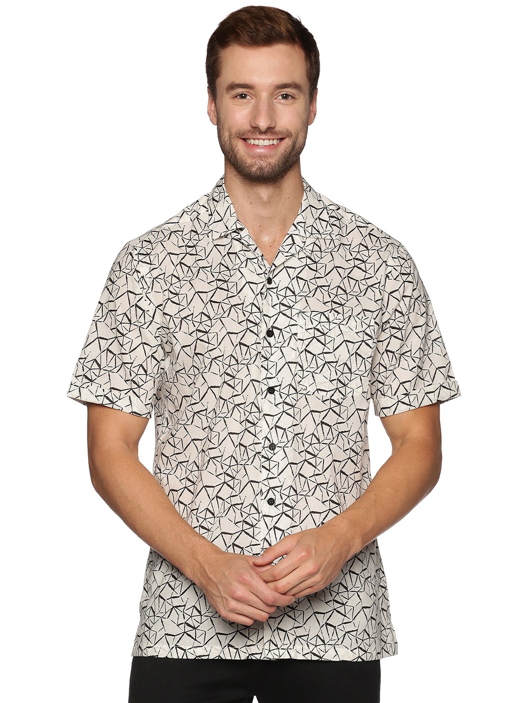 

DON VINO Comfort Cuban Collar Opaque Printed Cotton Casual Shirt, Cream