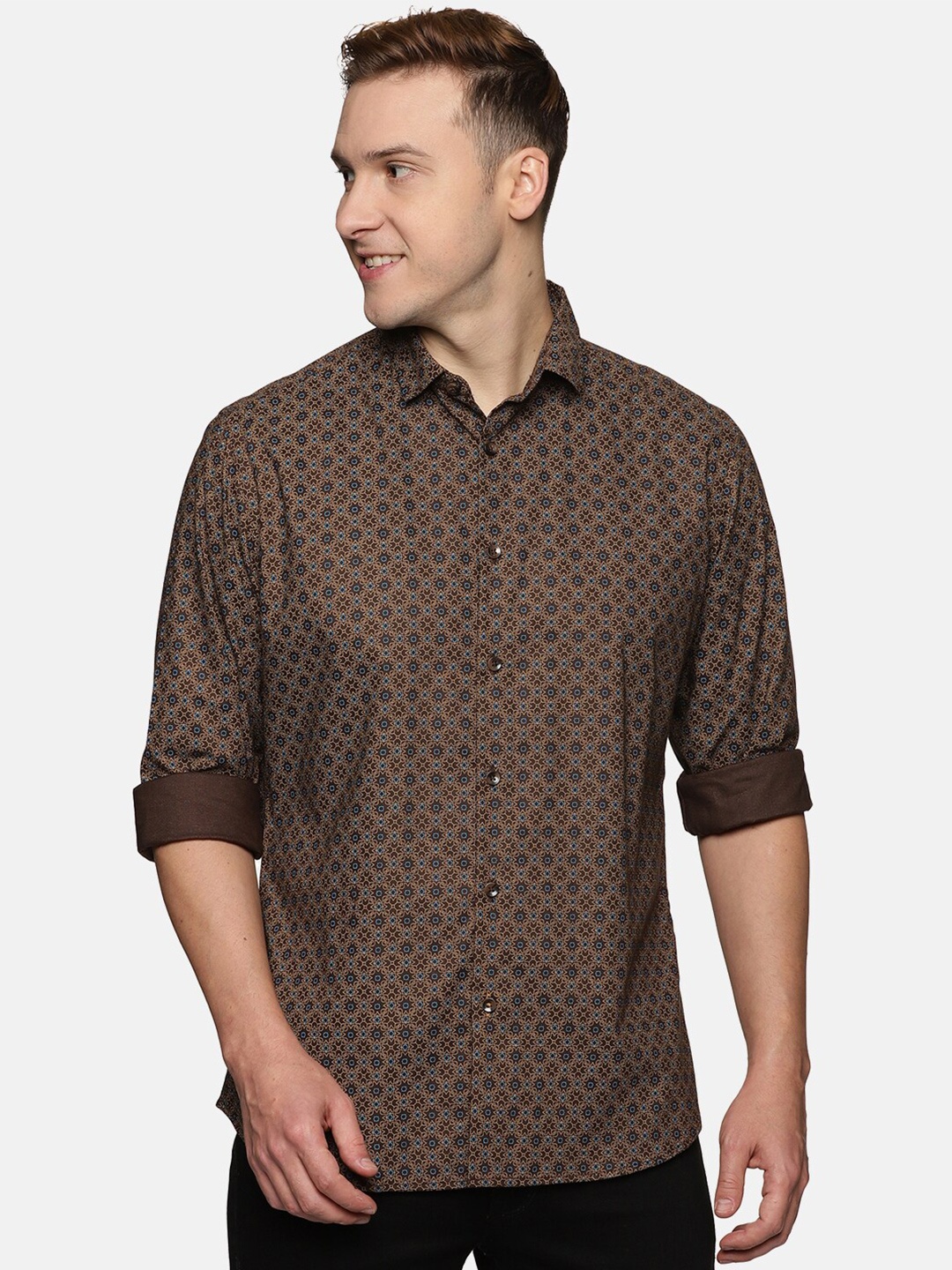 

DON VINO Comfort Spread Collar Opaque Printed Cotton Casual Shirt, Brown