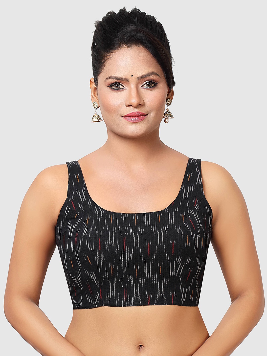 

Madhu Fashion Ikat Printed Padded Sleeveless Readymade Saree Blouse, Black