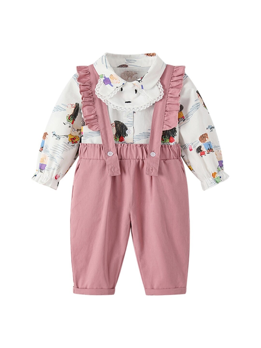 

StyleCast White Infant Boys Pure Cotton Dungarees With Printed Round Neck Long Sleeves Top
