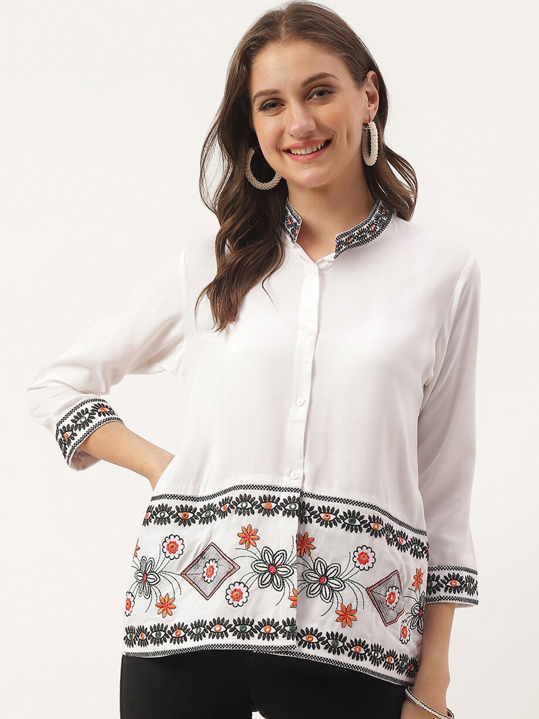 

ANUTTARA FASHIONS Floral Embroidered Mandarin Collar Shirt Style Top, White