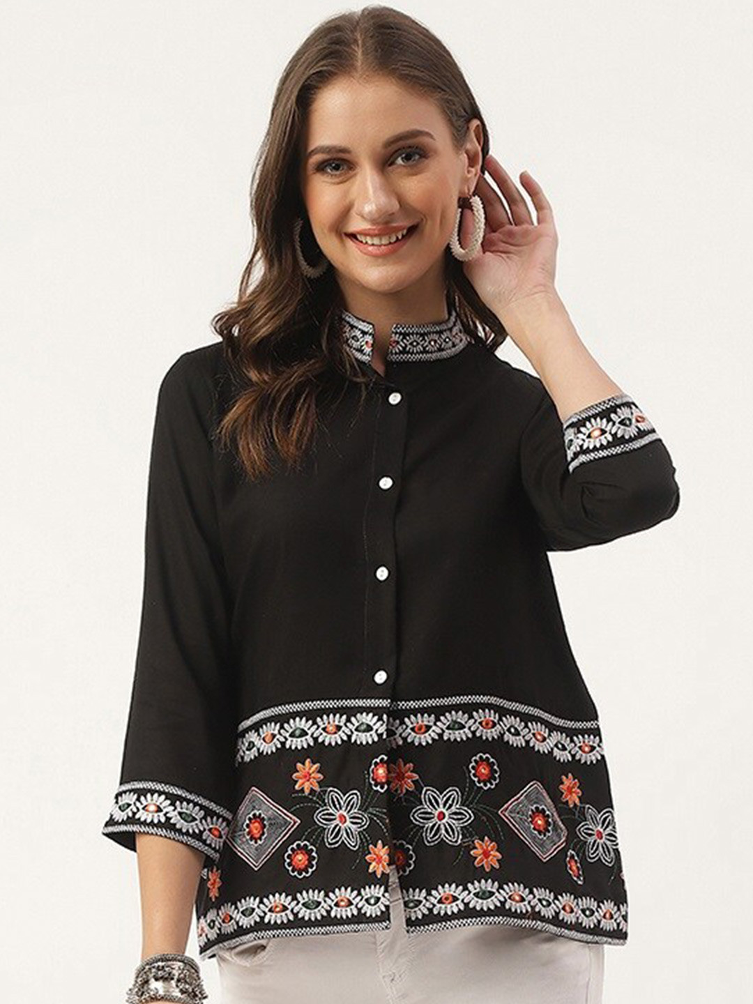 

ANUTTARA FASHIONS Floral Embroidered Mandarin Collar Shirt Style Top, Black