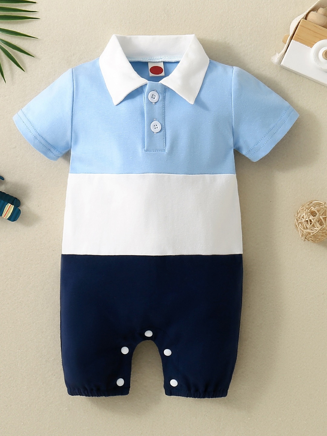 

StyleCast Infants Boys Blue Colourblocked Shirt Collar Rompers