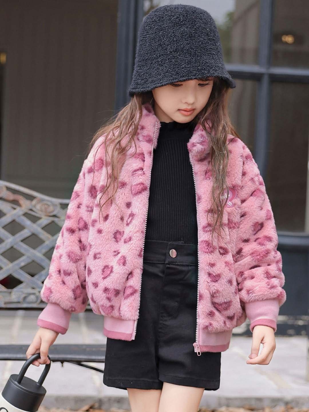 

StyleCast Pink Girls Animal Printed Mock Collar Bomber Jacket