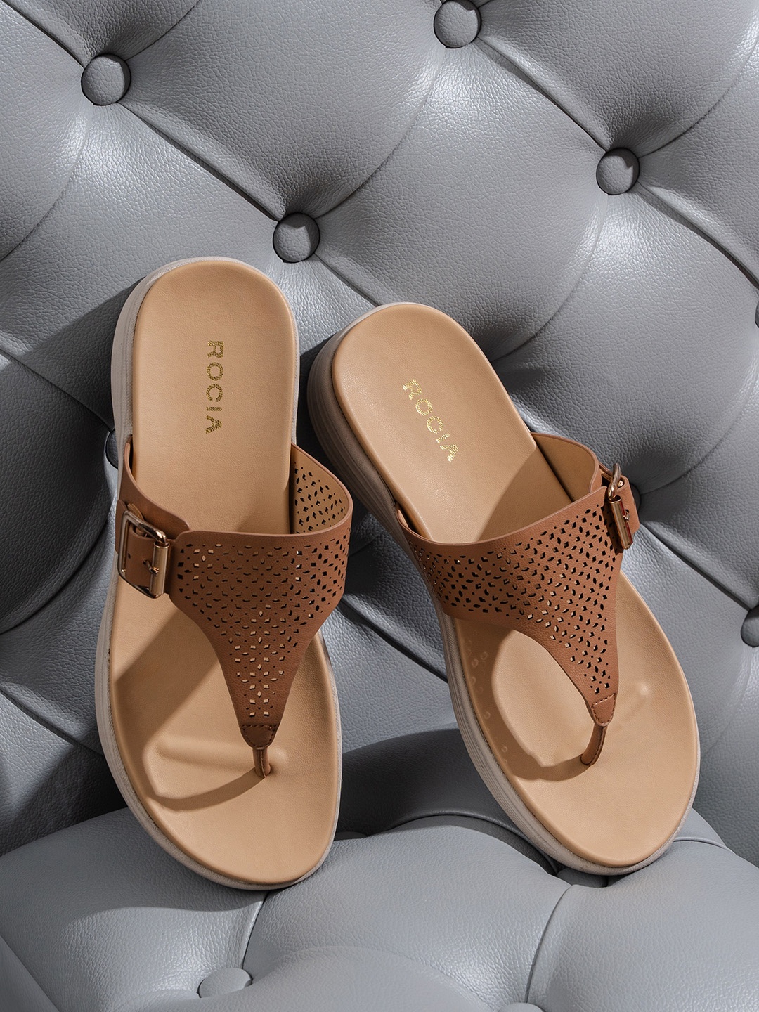 

Rocia Open Toe Comfort Heels With Laser Cut, Tan