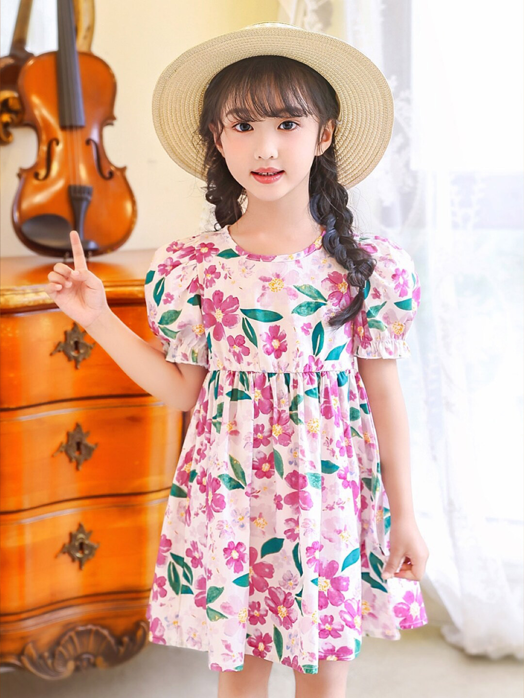 

StyleCast Girls Pink Floral Printed Puff Sleeve Fit & Flare Cotton Dress