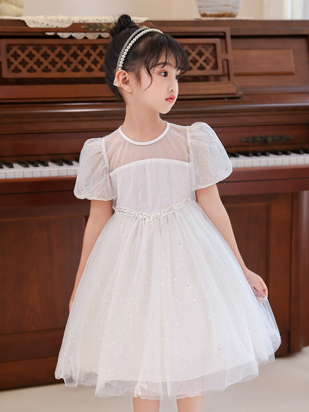 

StyleCast Girls White Embellished Puff Sleeves Fit & Flare Dress