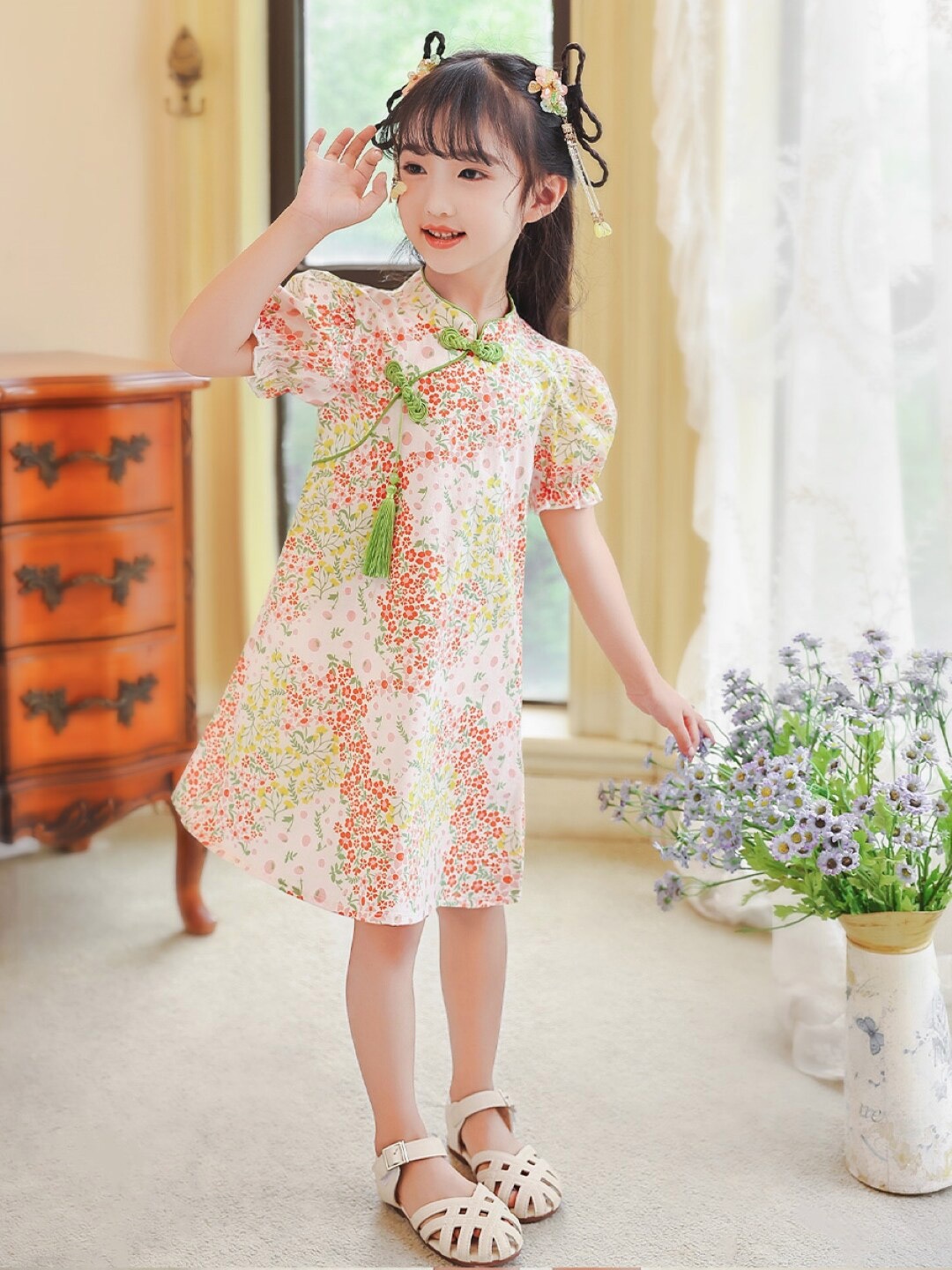 

StyleCast Girls Floral Printed Cotton A-Line Dress, Peach