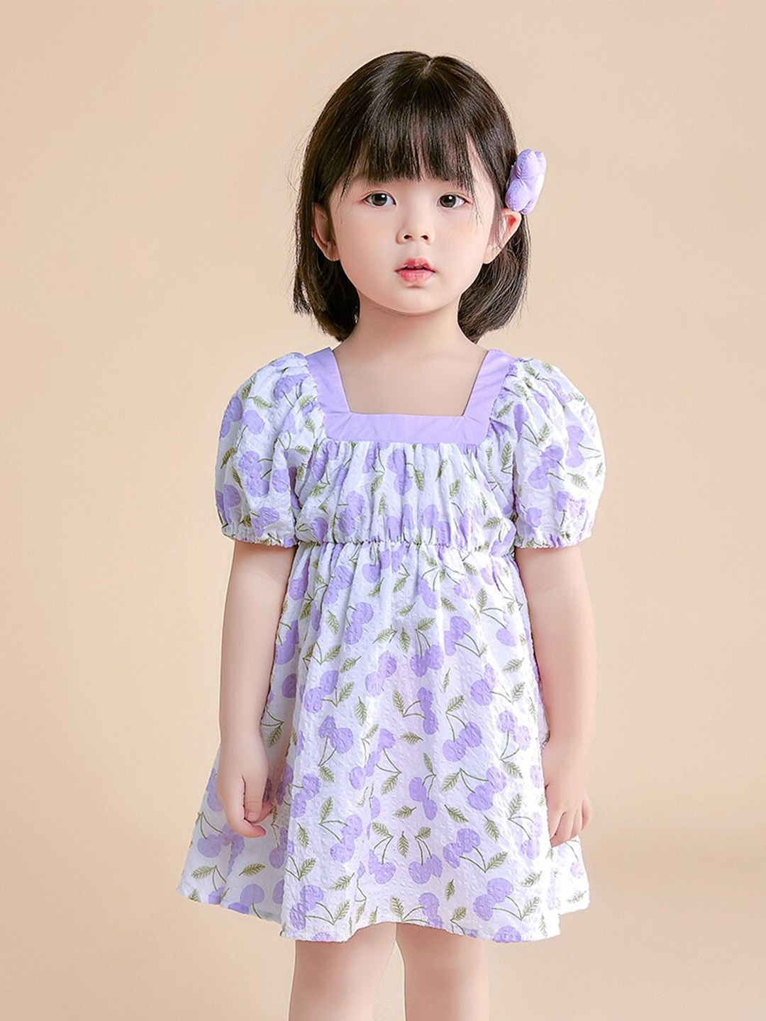 

StyleCast Girls Purple Floral Printed Square Neck Puff Sleeves Empire Dress