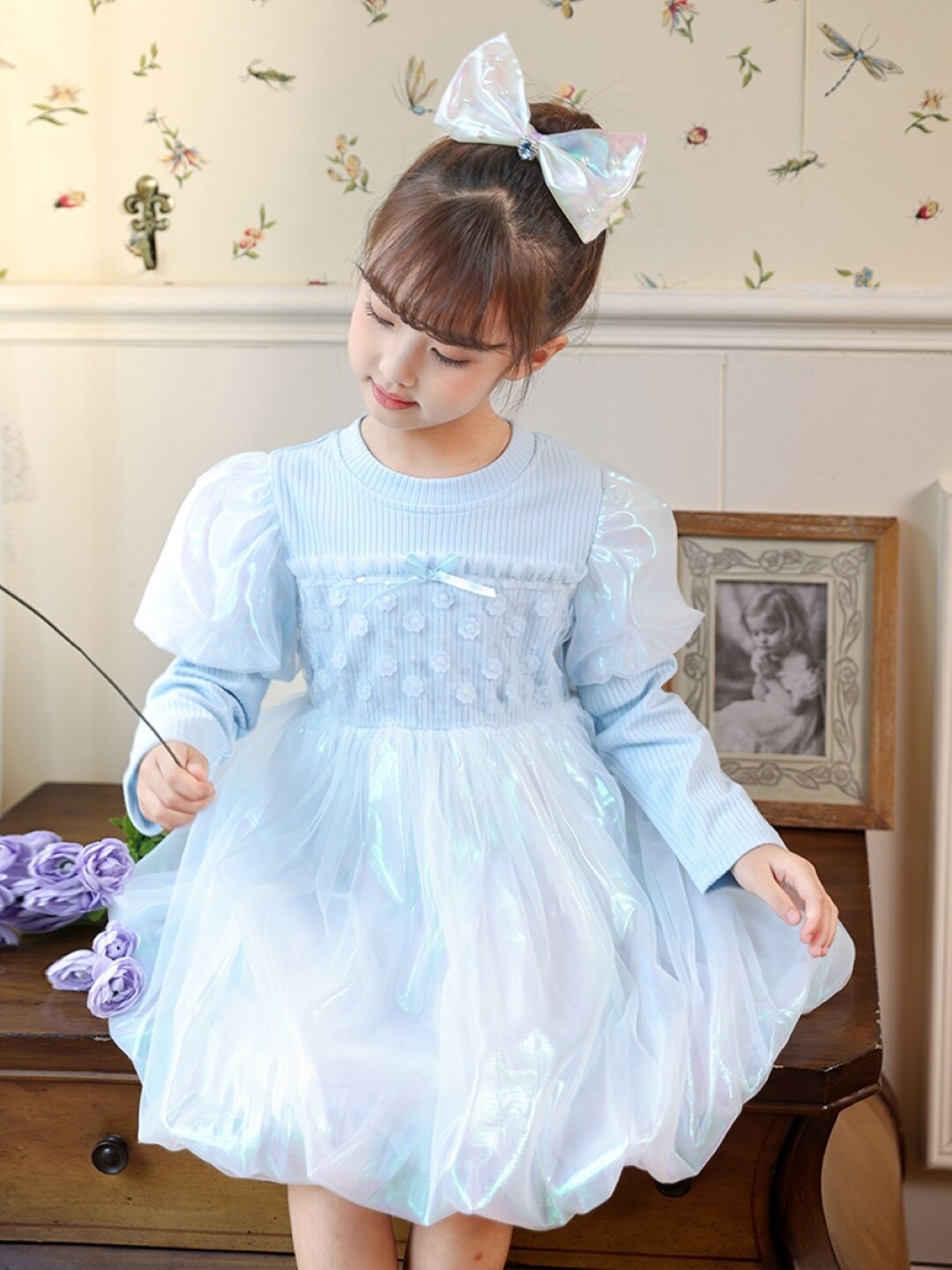 

StyleCast Girls Blue Self Design Flutter Sleeves Fit & Flare Cotton Dress