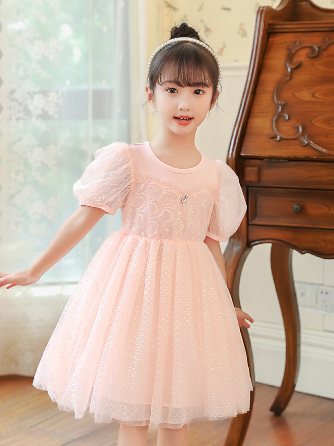 

StyleCast Round Neck Short Puff Sleeves Cotton Fit & Flare Dress, Pink