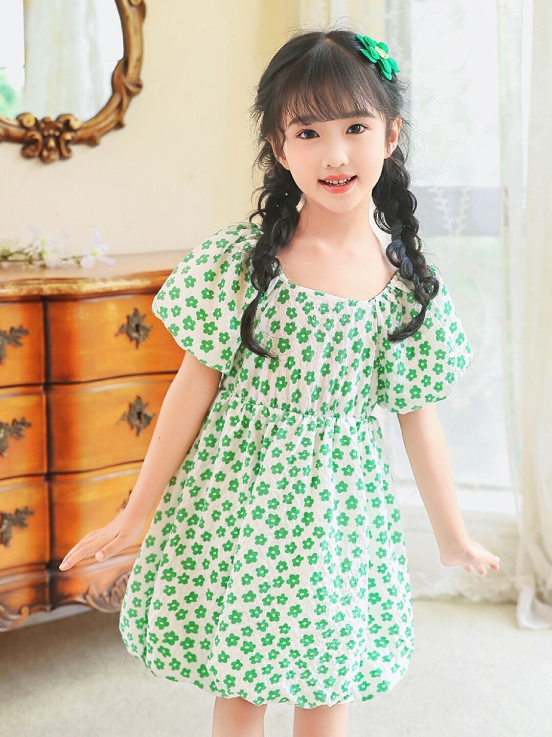 

StyleCast Girls White & Green Floral Printed Puff Sleeve A-Line Dress