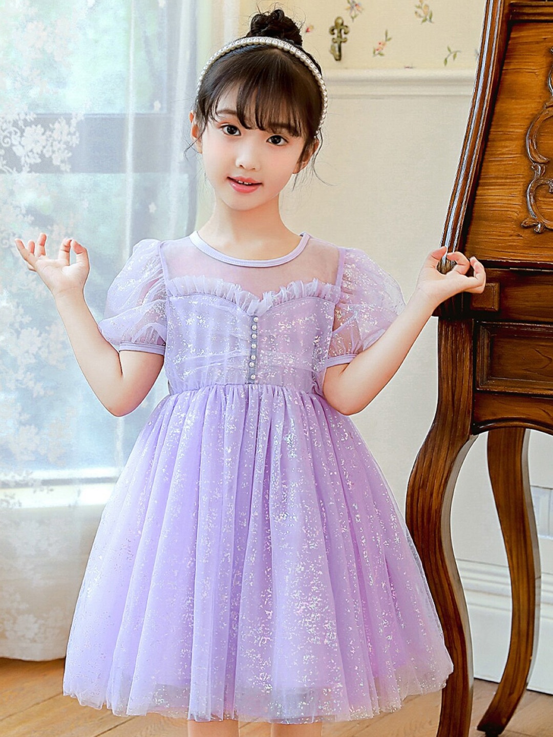 

StyleCast Girls Self Design Puff Sleeves Fit & Flare Dress, Purple