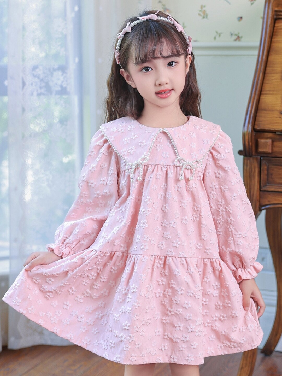 

StyleCast Girls Pink Peter Pan Collar Floral Printed Puff Sleeve A-Line Dress