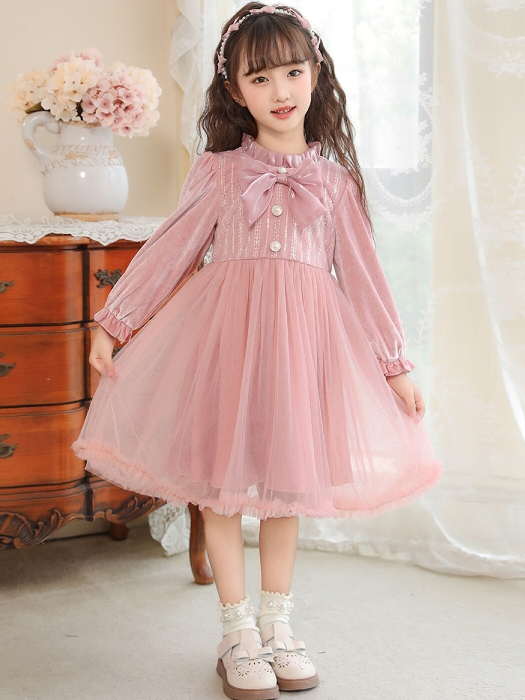 

StyleCast Girls Pink Tie-Up Neck Puff Sleeve Fit & Flare Dress