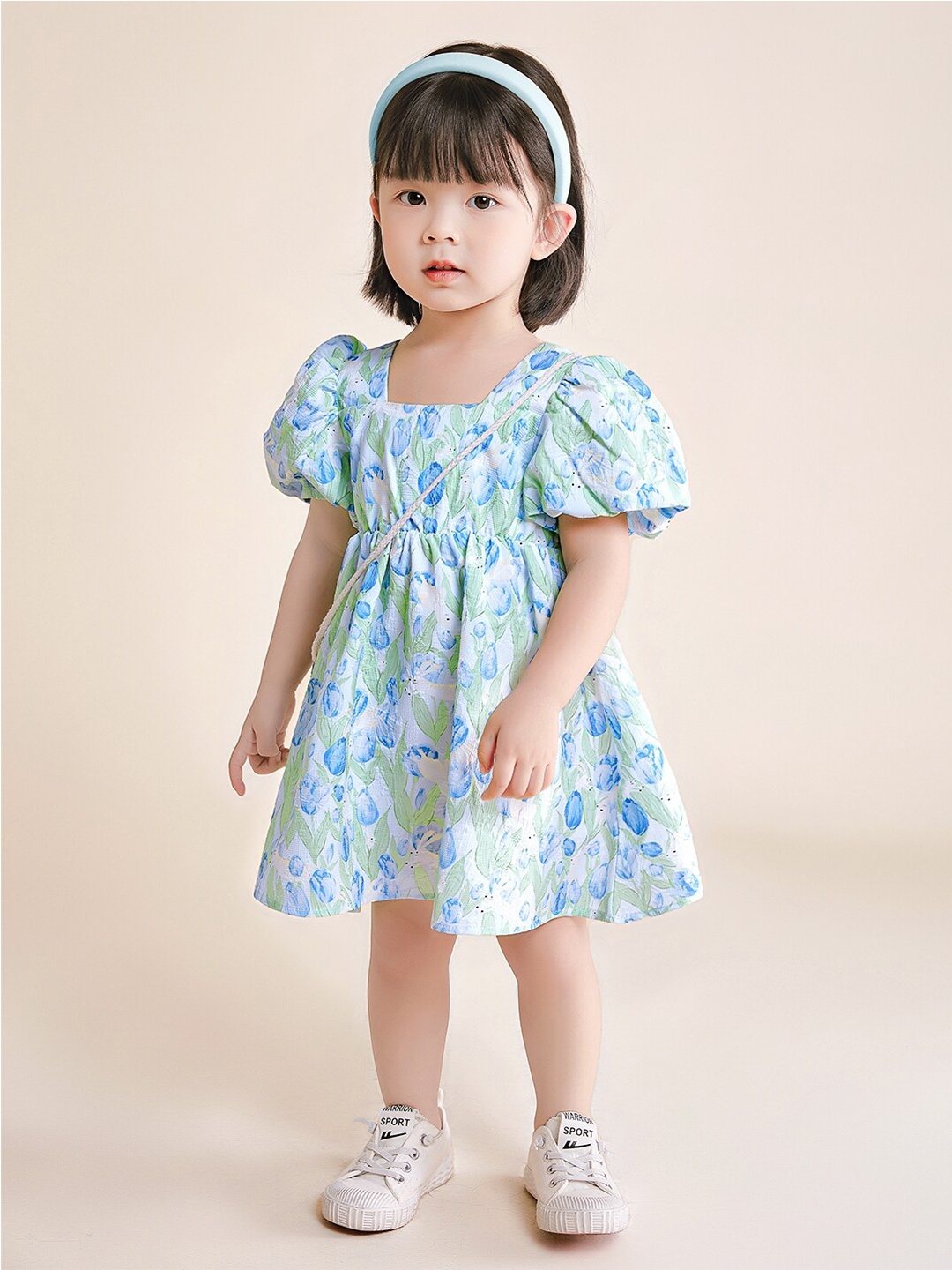 

StyleCast Girls Blue Floral Printed Square Neck Puff Sleeves Empire Dress