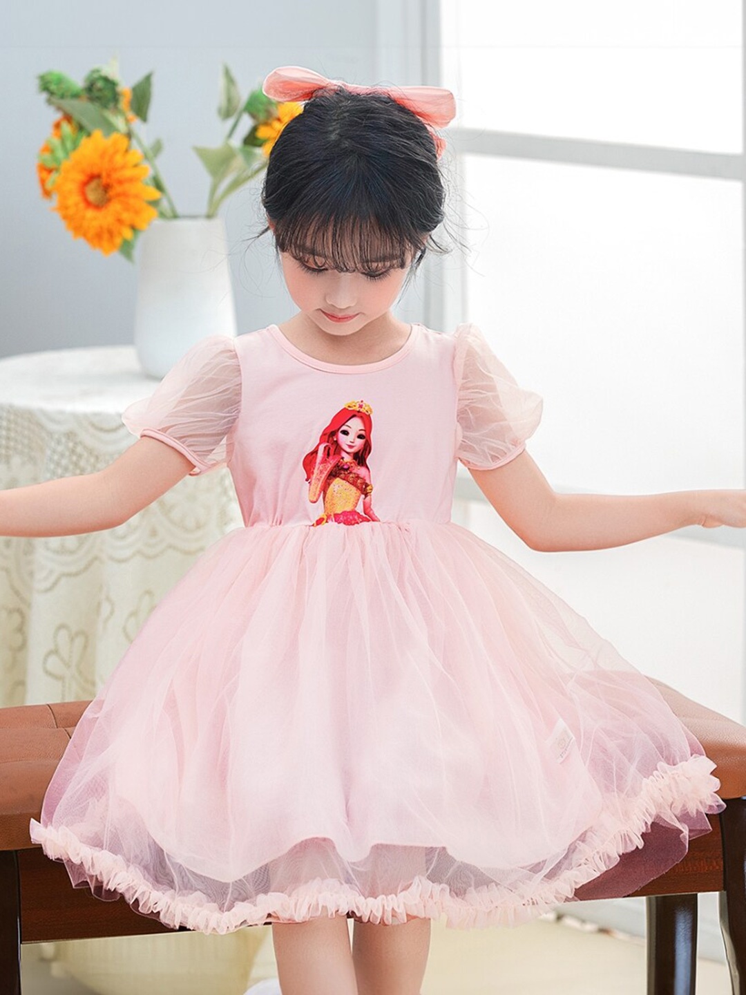 

StyleCast Girls Pink Barbie Printed Puff Sleeve Ruffles Semi Sheer Fit & Flare Dress