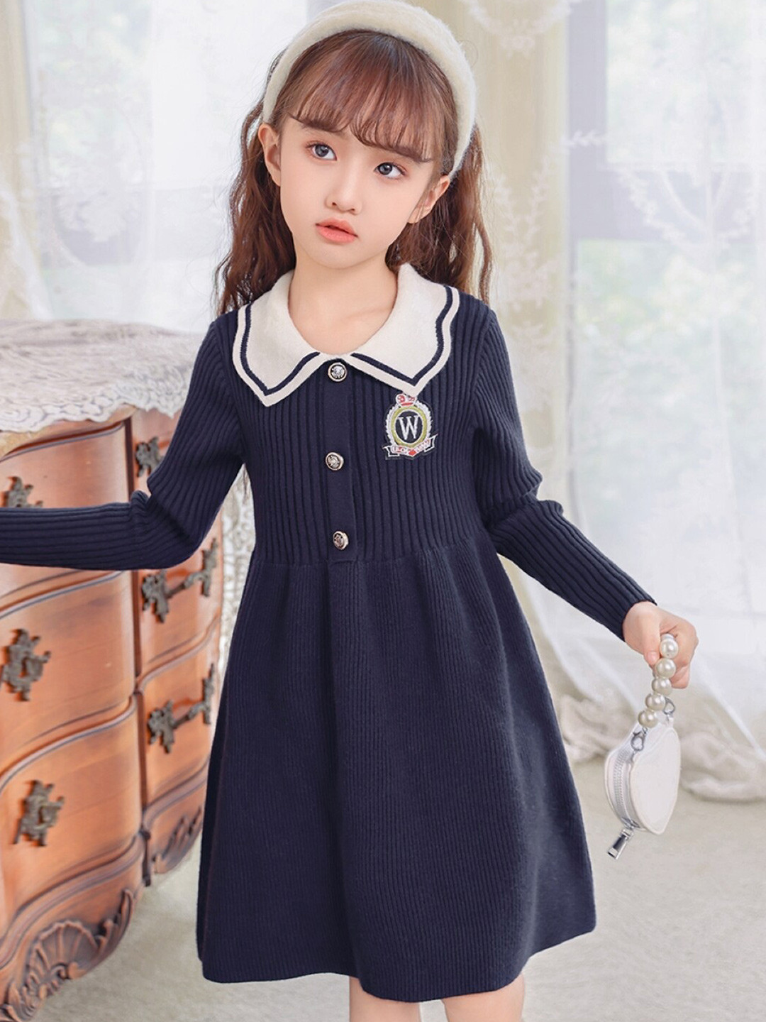 

StyleCast Navy Blue & White Self Design Long Sleeves Fit & Flare Dress