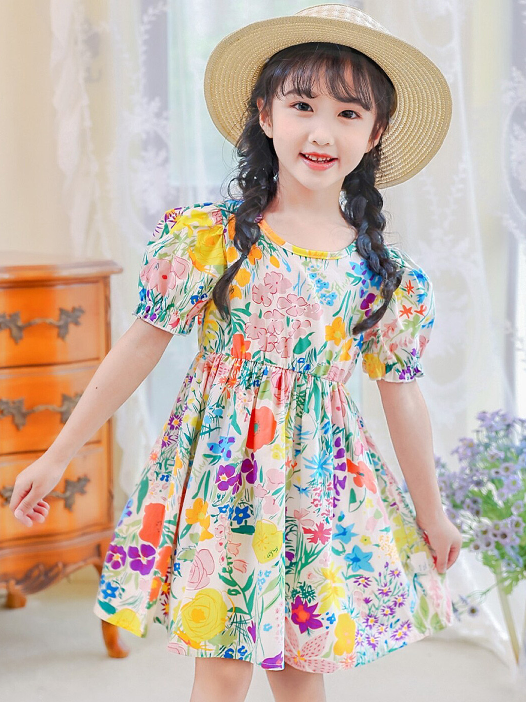 

StyleCast Girls White & Pink Floral Print Puff Sleeve Cotton Fit & Flare Dress