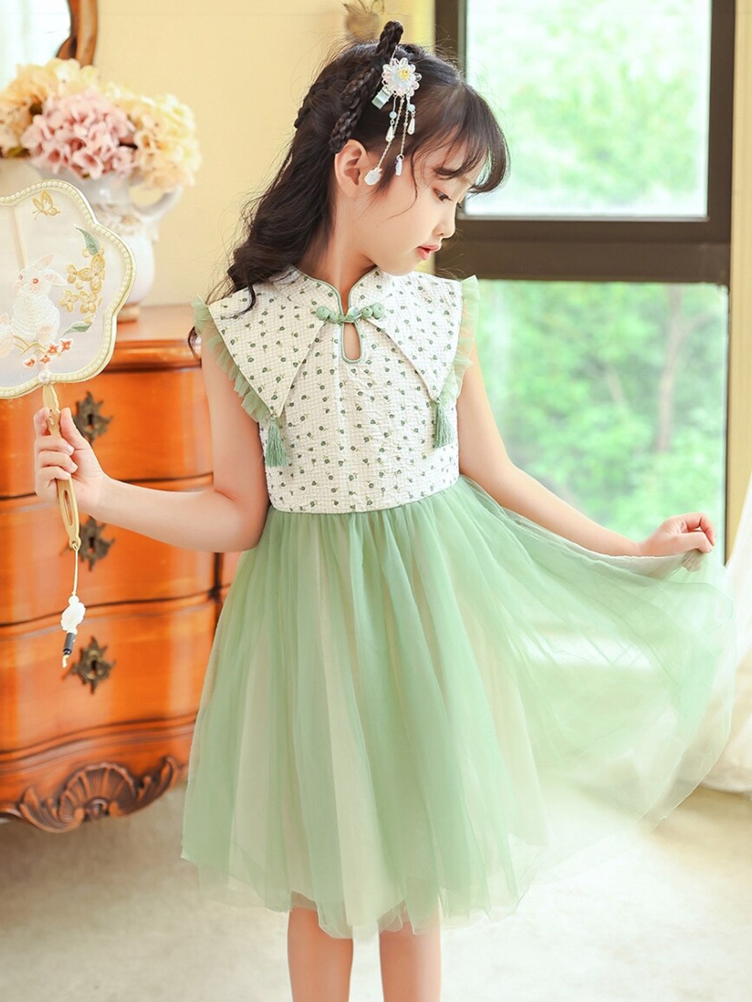 

StyleCast Mandarin Collar Flutter Sleeve Fit & Flare Dress, Green