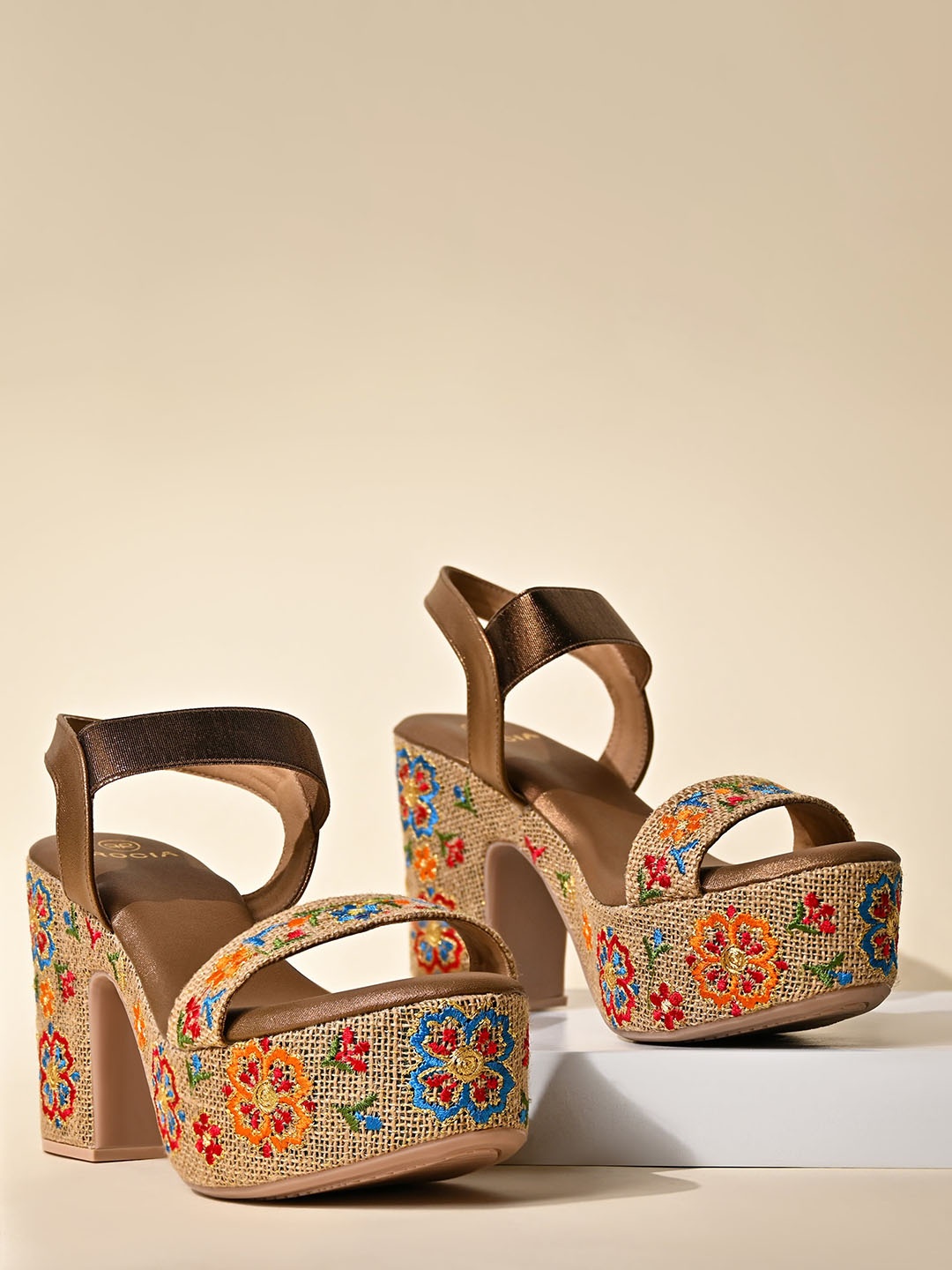 

Rocia Embroidered Open Toe Platforms, Gold