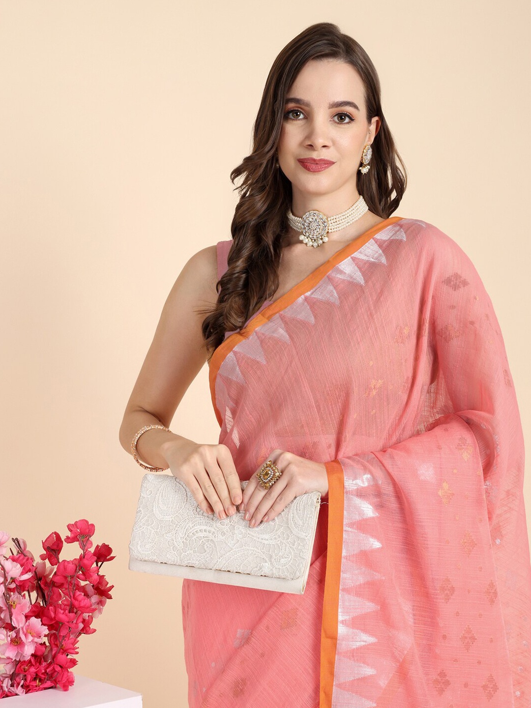 

Bong ButiQ Ethnic Motifs Woven Design Khadi Saree, Pink