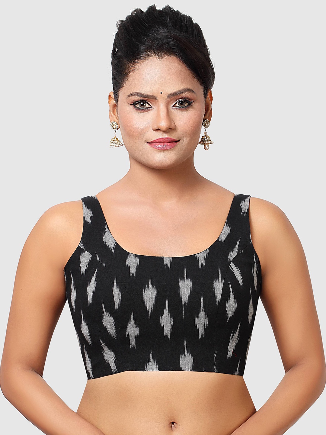 

Madhu Fashion Ikat Printed Cotton Padded Saree Blouse, Black