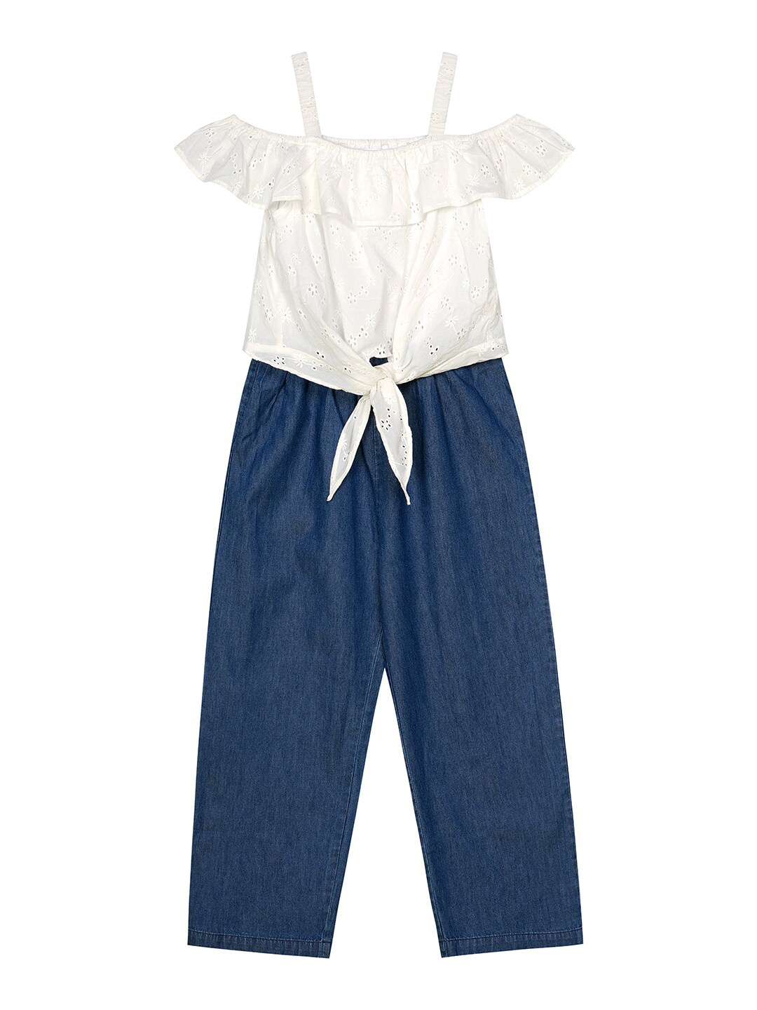 

Budding Bees Girls Shoulder Straps Waist Tie-Ups Detailed Denim Jumpsuit, White