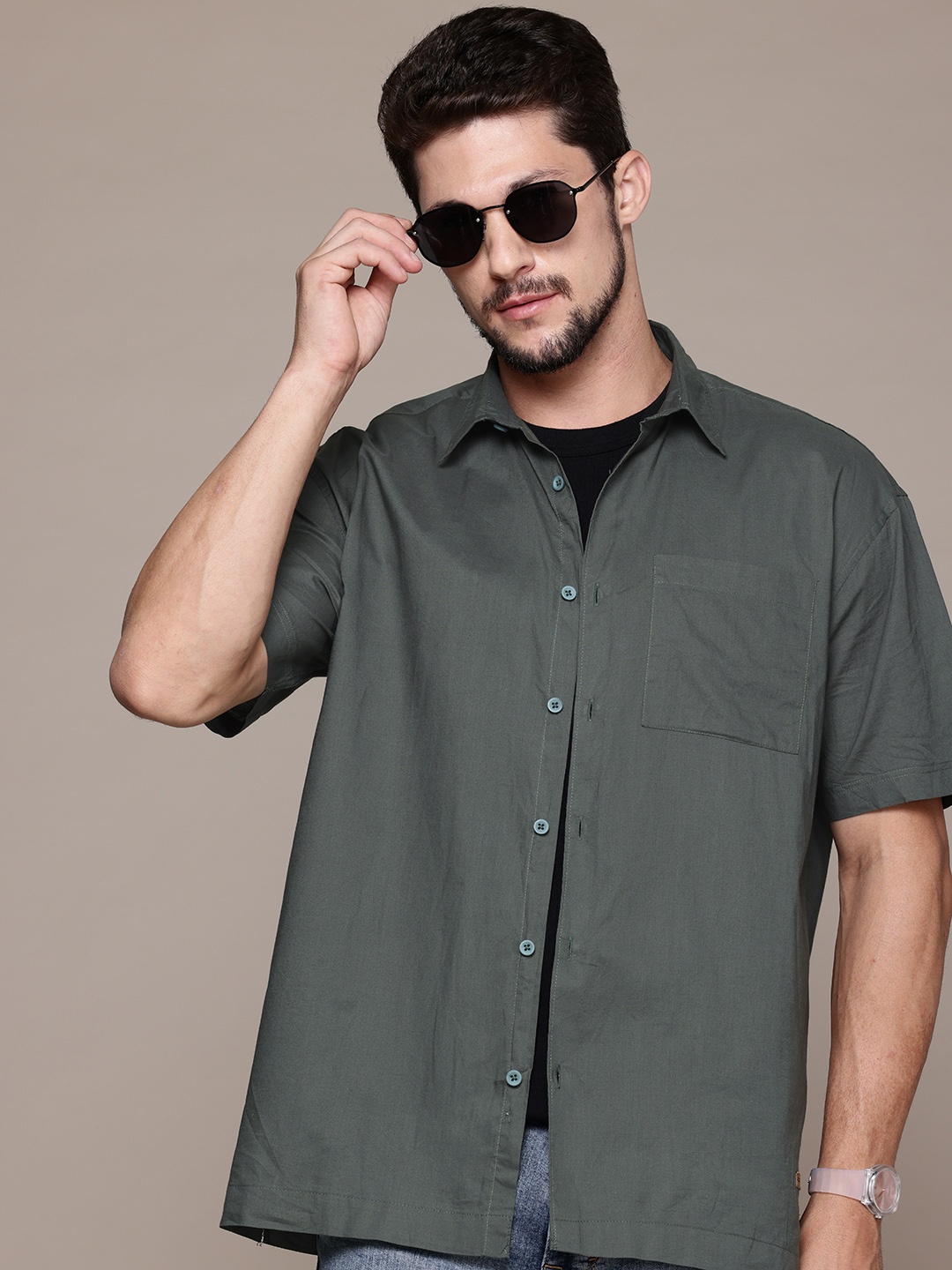 

R.Code by The Roadster Life Co. Pure Cotton Opaque Casual Shirt, Olive