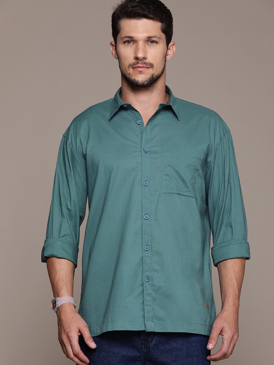 

R.Code by The Roadster Life Co. Pure Cotton Casual Shirt, Turquoise blue