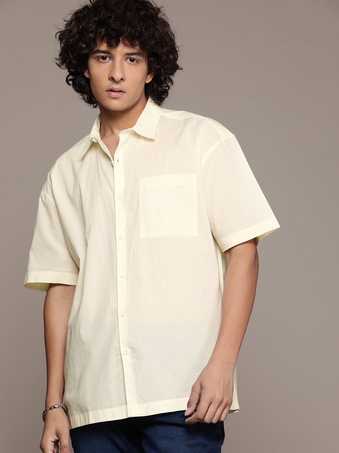 

R.Code by The Roadster Life Co. Pure Cotton Oversized Shirt, Cream