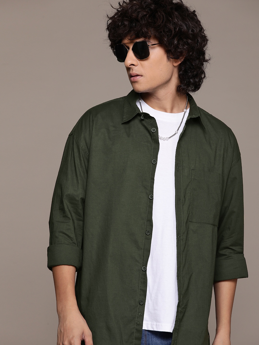 

R.Code by The Roadster Life Co. Pure Cotton Oversized Shirt, Green