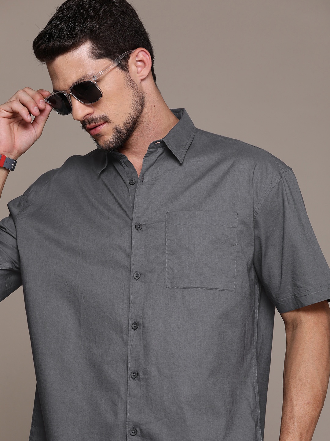 

R.Code by The Roadster Life Co. Pure Cotton Oversized Shirt, Charcoal