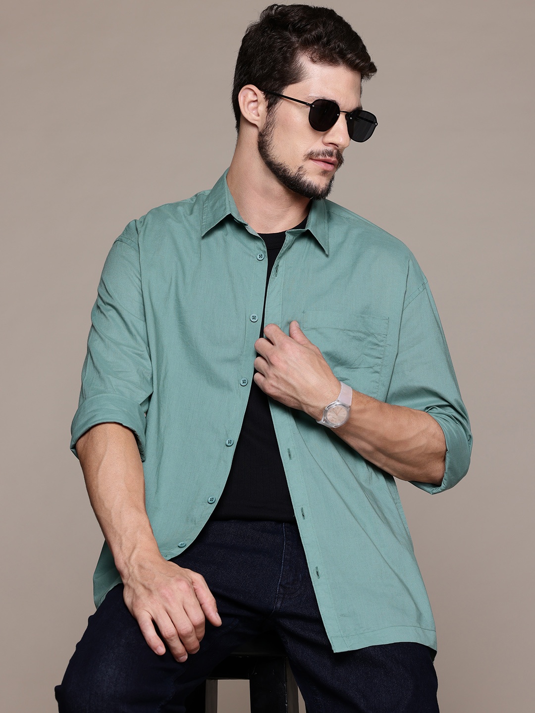 

R.Code by The Roadster Life Co. Pure Cotton Casual Shirt, Sea green