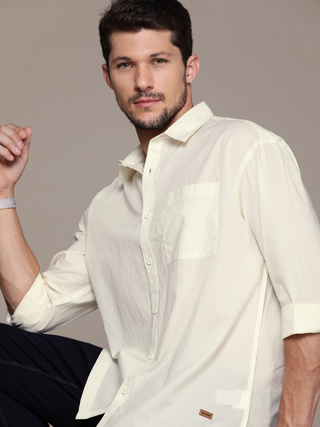 

R.Code by The Roadster Life Co. Men Pure Cotton Casual Shirt, Off white