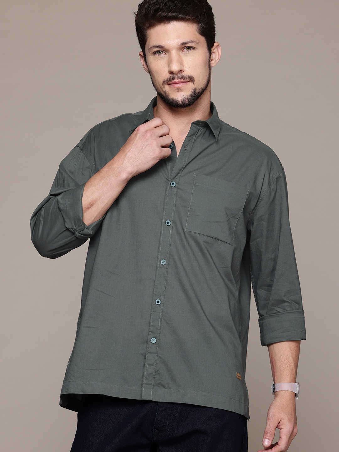 

R.Code by The Roadster Life Co. Pure Cotton Opaque Casual Shirt, Olive