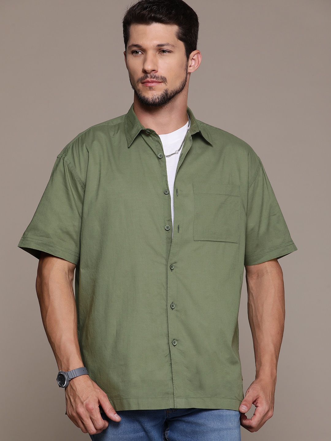 

R.Code by The Roadster Life Co. Pure Cotton Casual Shirt, Olive