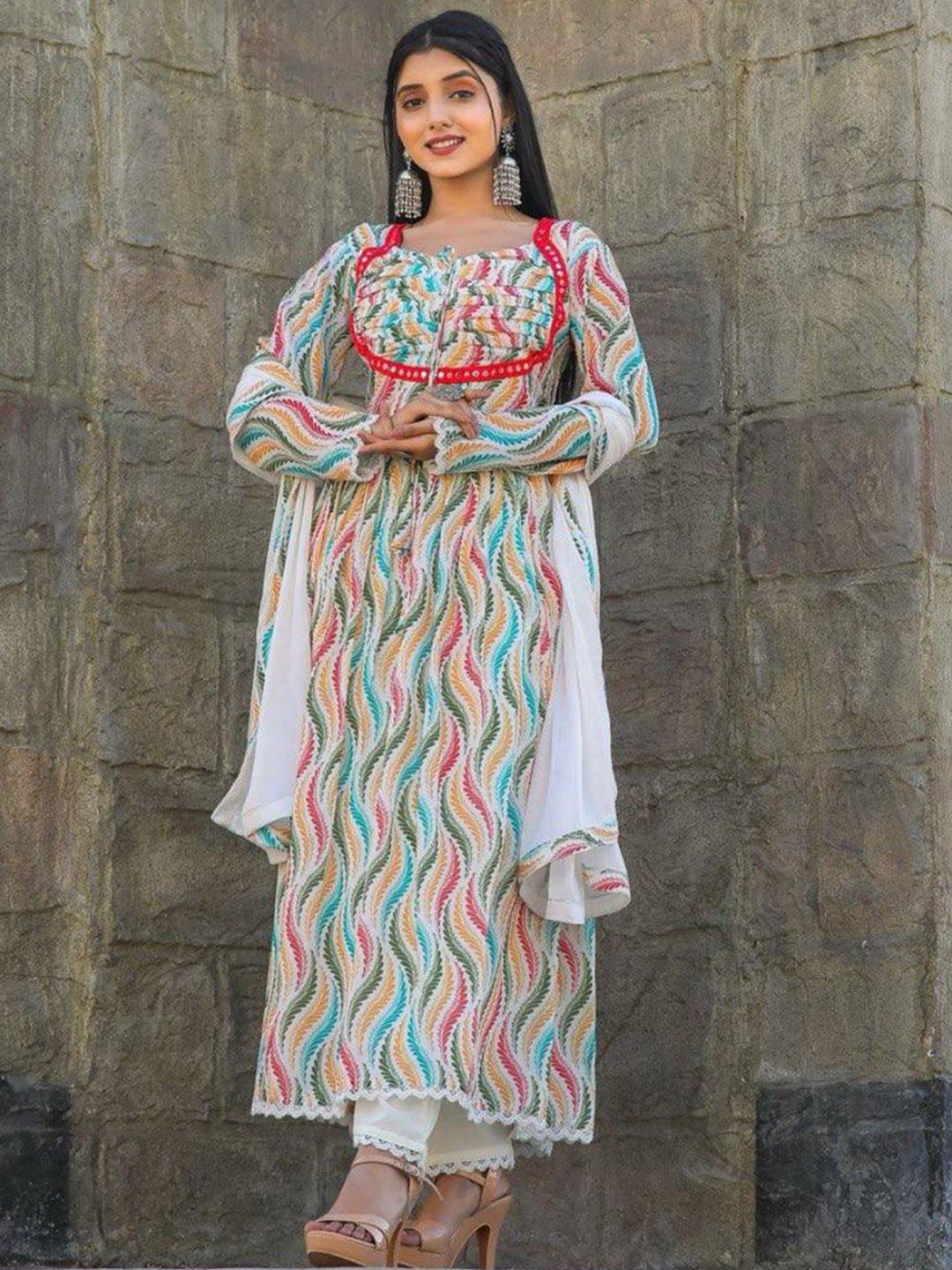 

SWAADHI Floral Printed Anarkali Kurta with Trousers & Dupatta, White