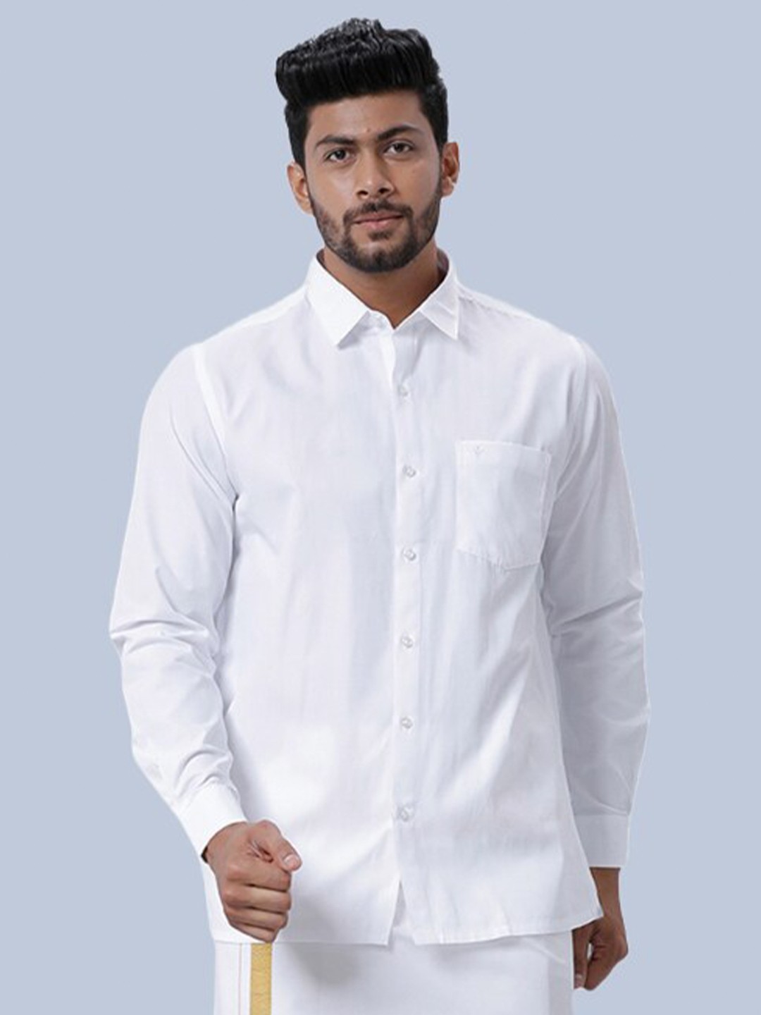 

Ramraj Shirt Collar Long Sleeves Zari Pure Cotton Shirt With Veshti, White