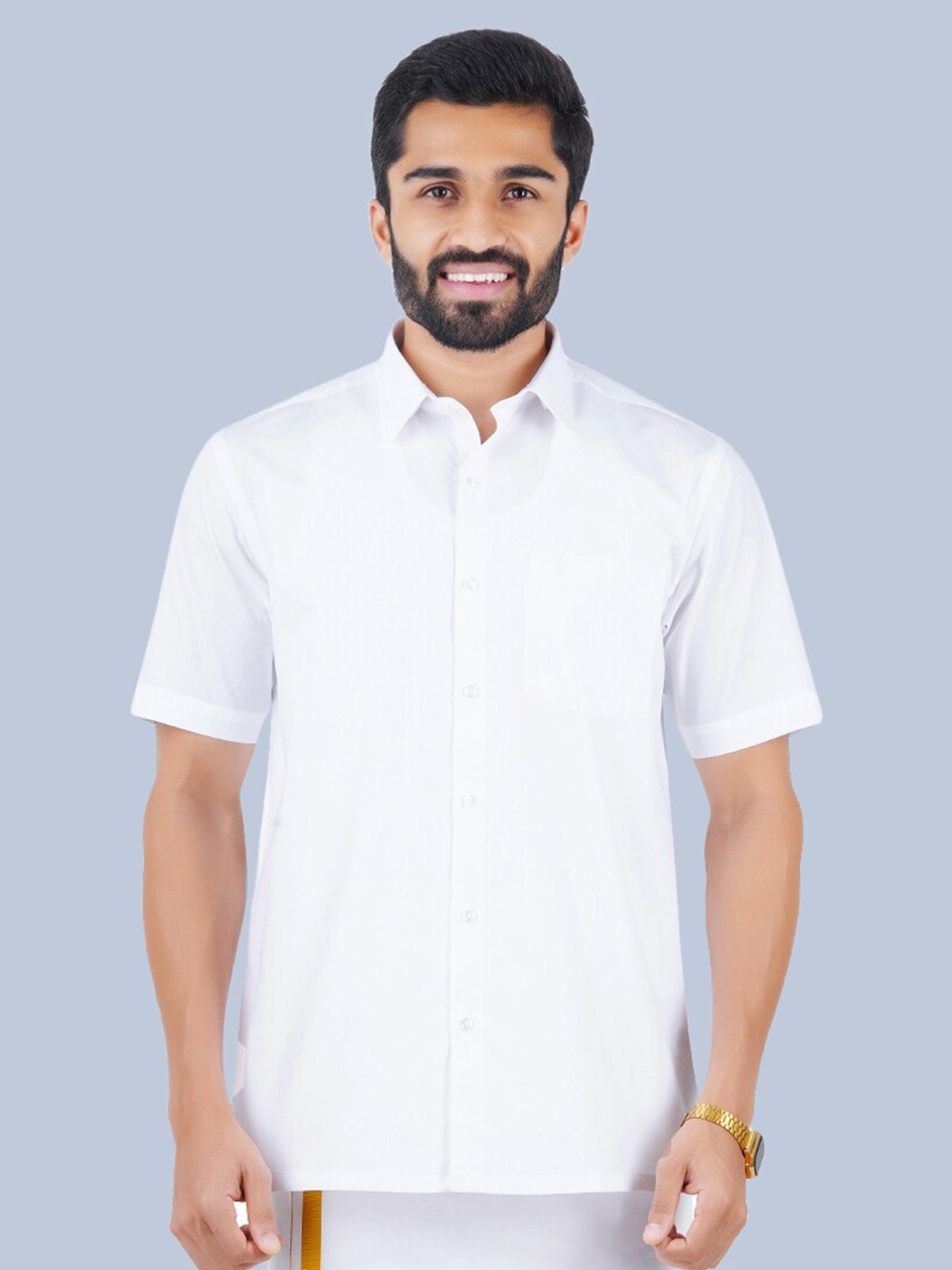 

Ramraj Short Sleeves Shirt With Golden Jari Dhoti, White