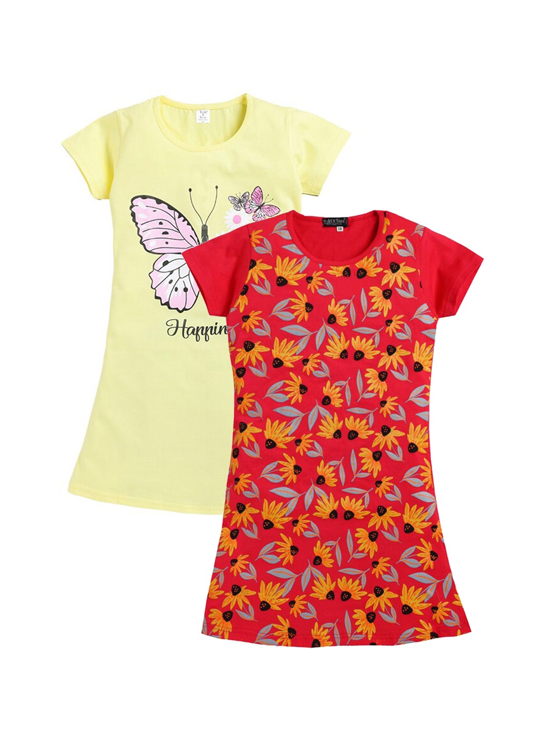

Todd N Teen Girls Pack Of 2 Printed Cotton T-shirt Nightdress, Red