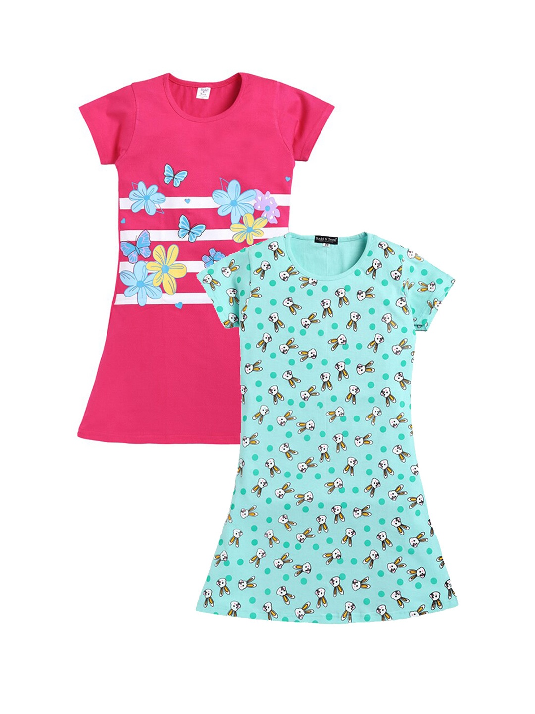 

Todd N Teen Girls Pack Of 2 Printed Cotton T-shirt Nightdress, Sea green