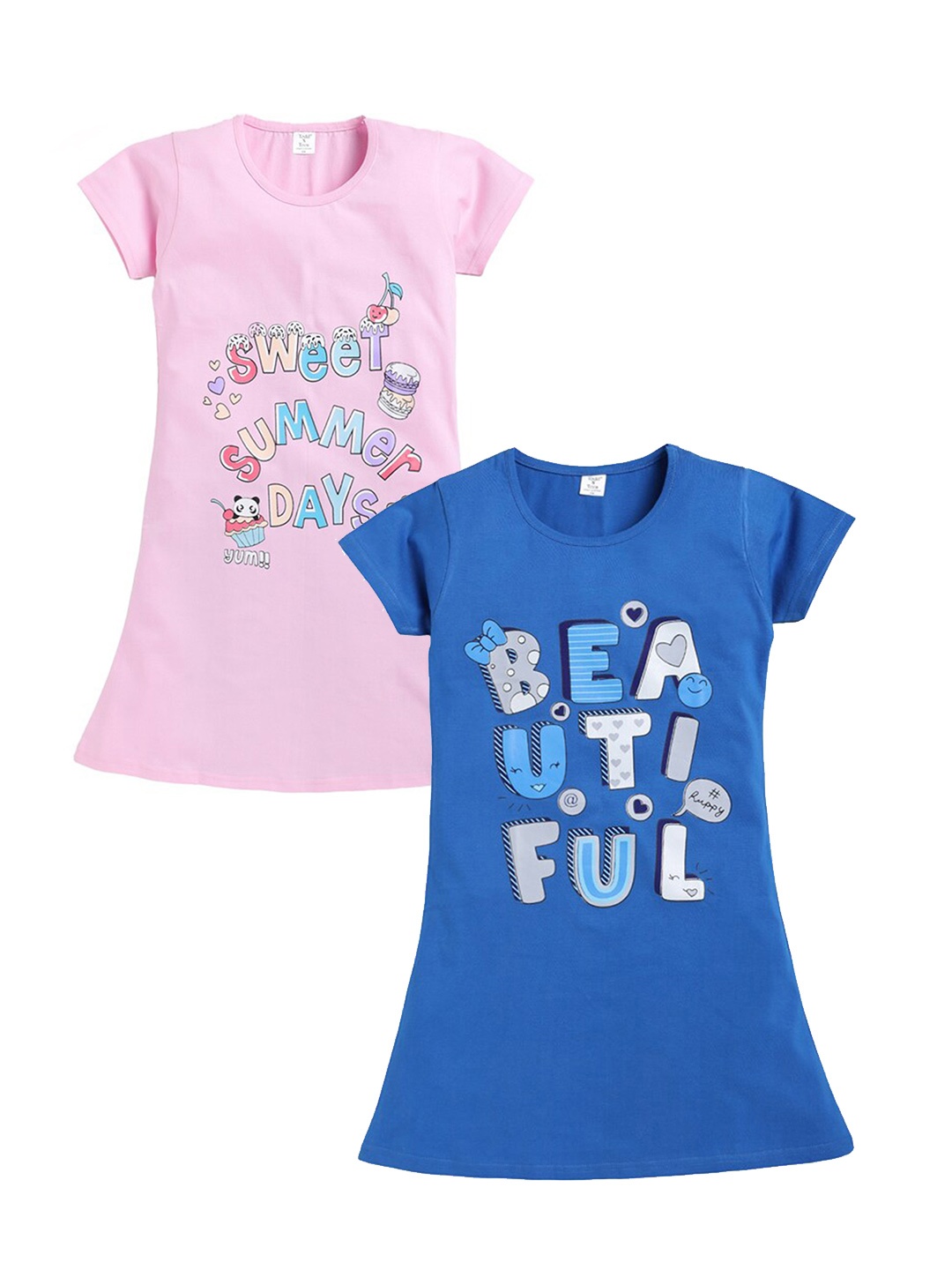 

Todd N Teen Girls Pack Of 2 Printed Cotton T-shirt Nightdress, Blue