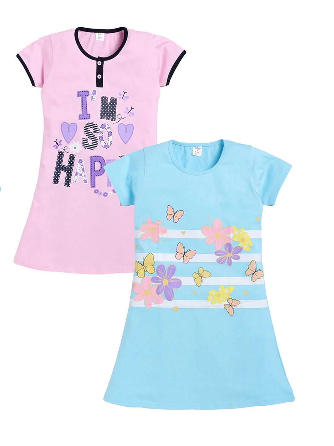 

Todd N Teen Girls Pack Of 2 Printed Cotton T-shirt Nightdress, Blue