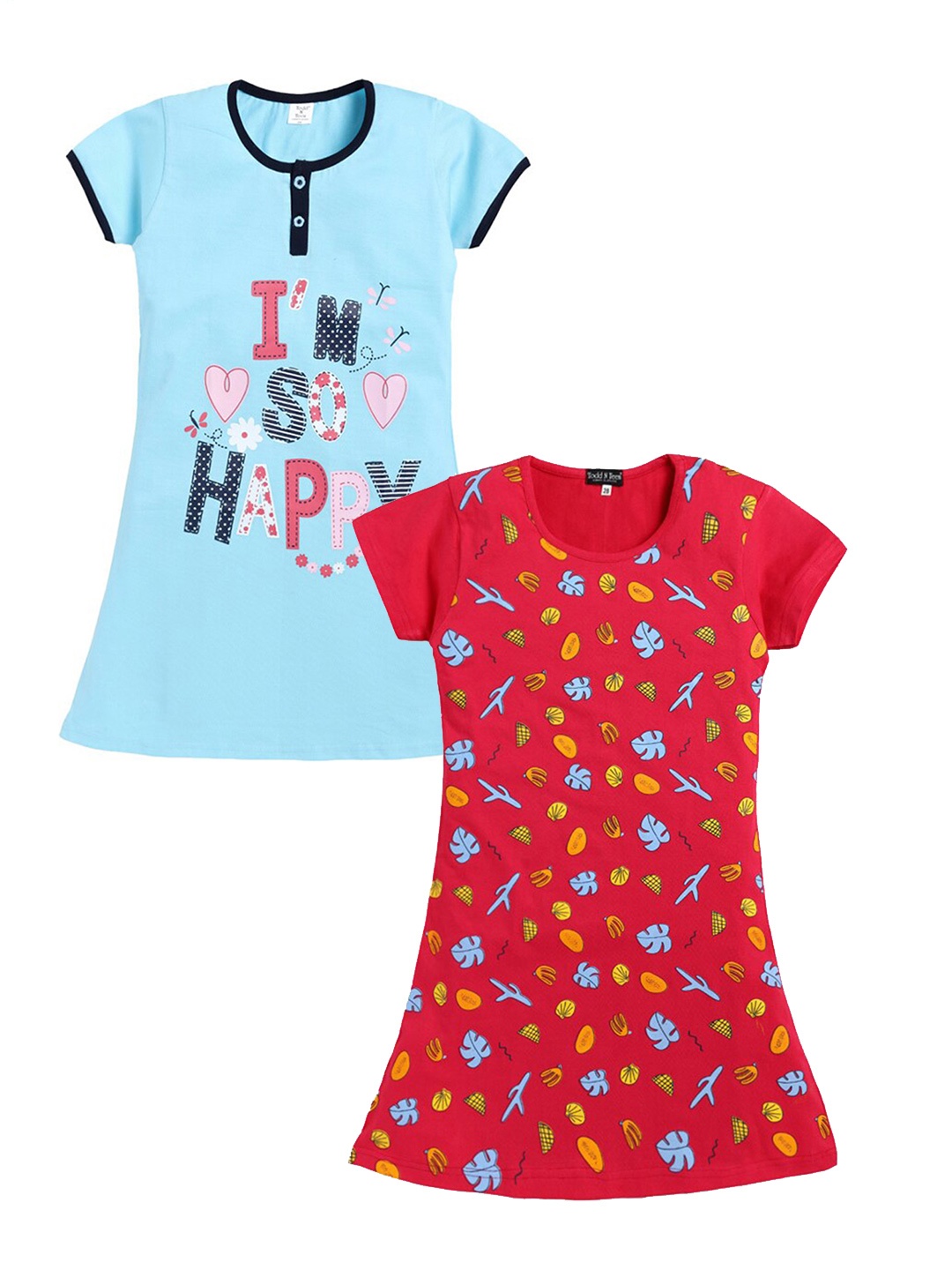 

Todd N Teen Girls Pack Of 2 Printed Cotton T-shirt Nightdress, Red