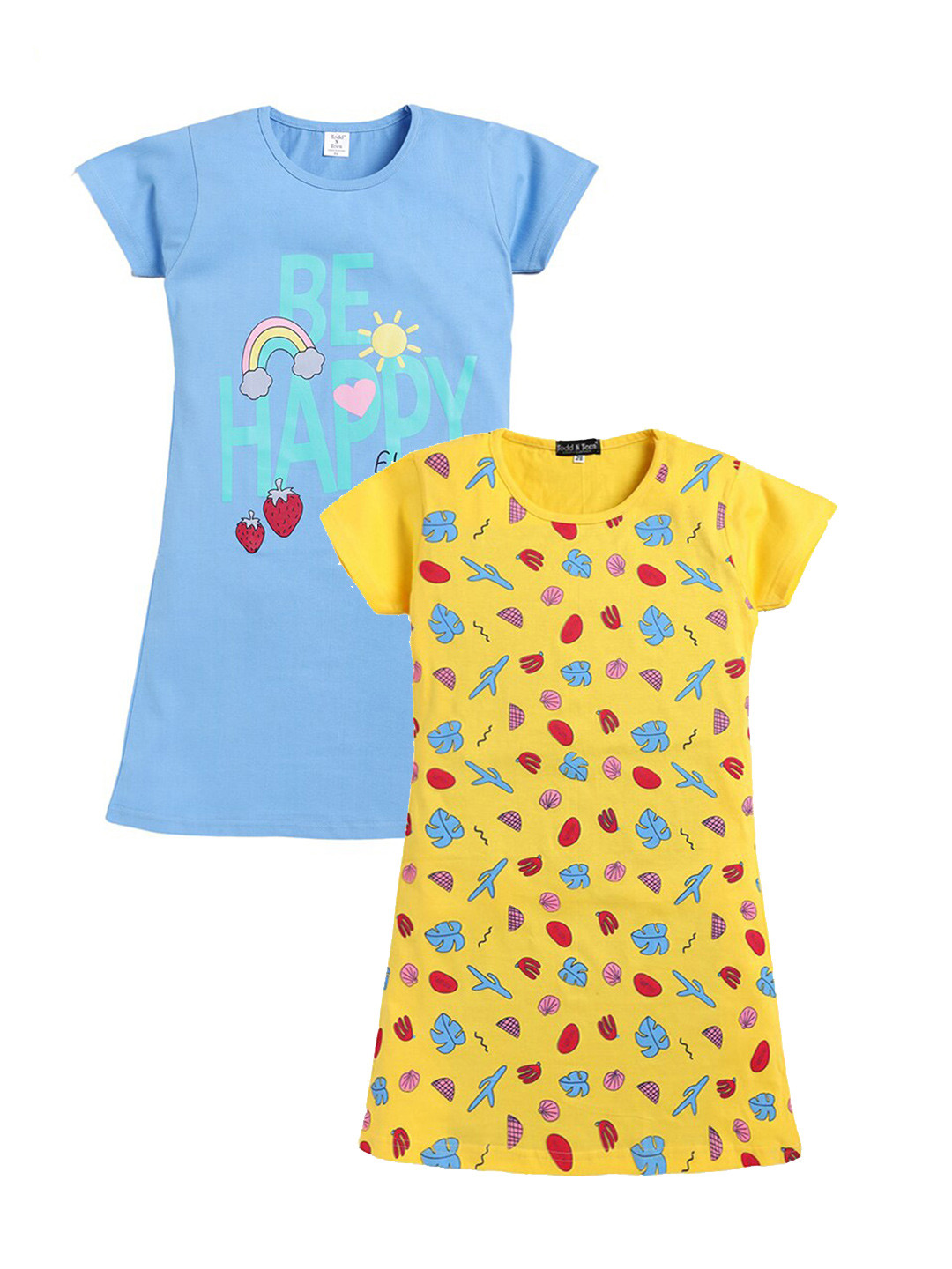 

Todd N Teen Girls Pack Of 2 Printed Cotton T-shirt Nightdress, Yellow