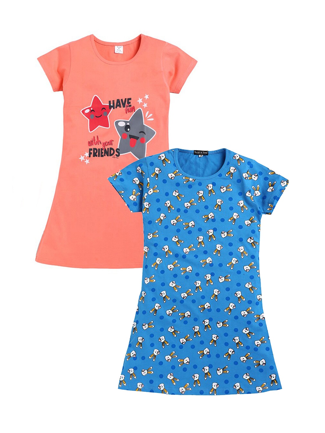 

Todd N Teen Girls Pack Of 2 Printed Cotton T-shirt Nightdress, Blue