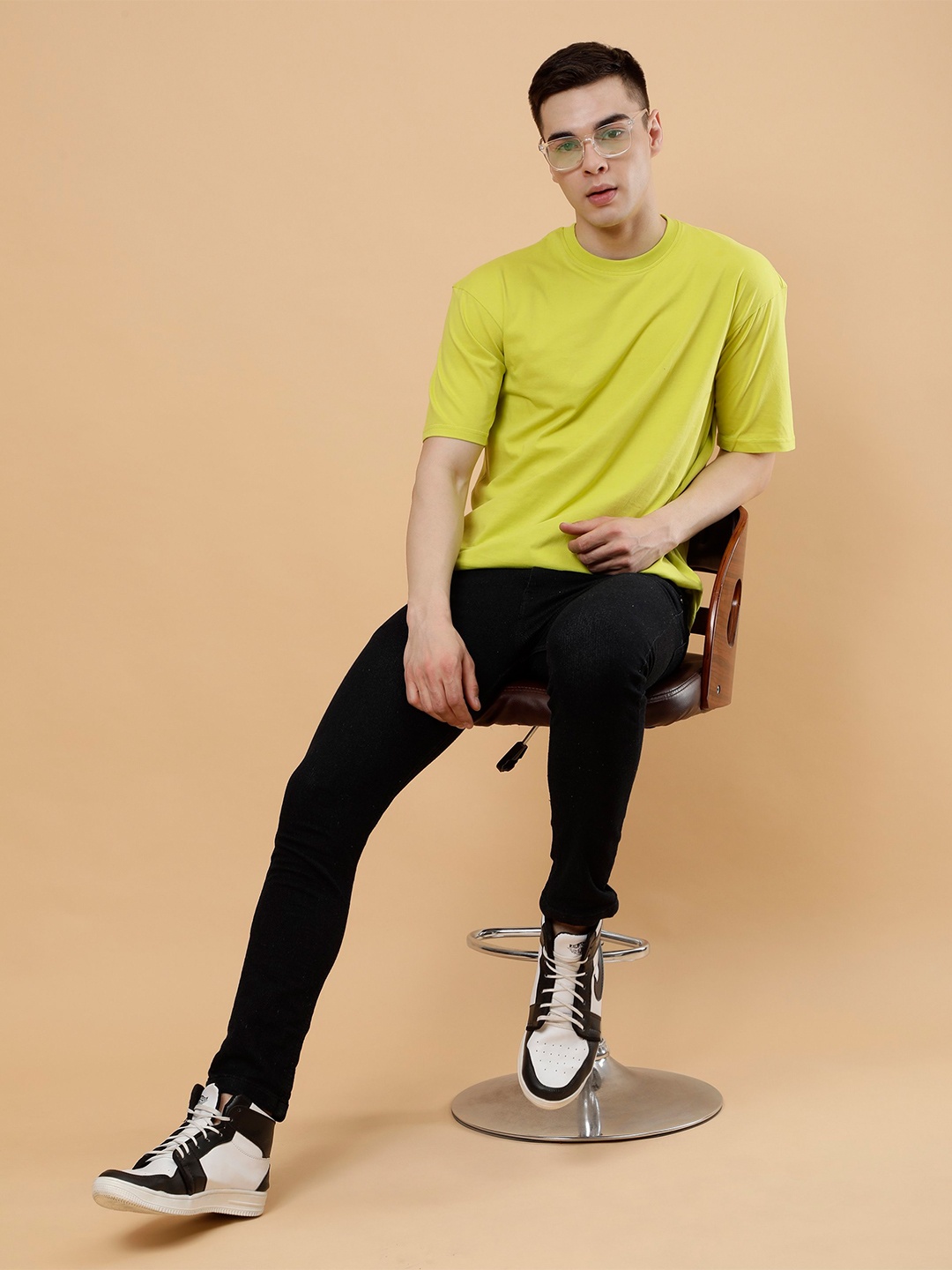 

PockMAN Round Neck Drop Shoulder Cotton Oversized T shirt, Lime green